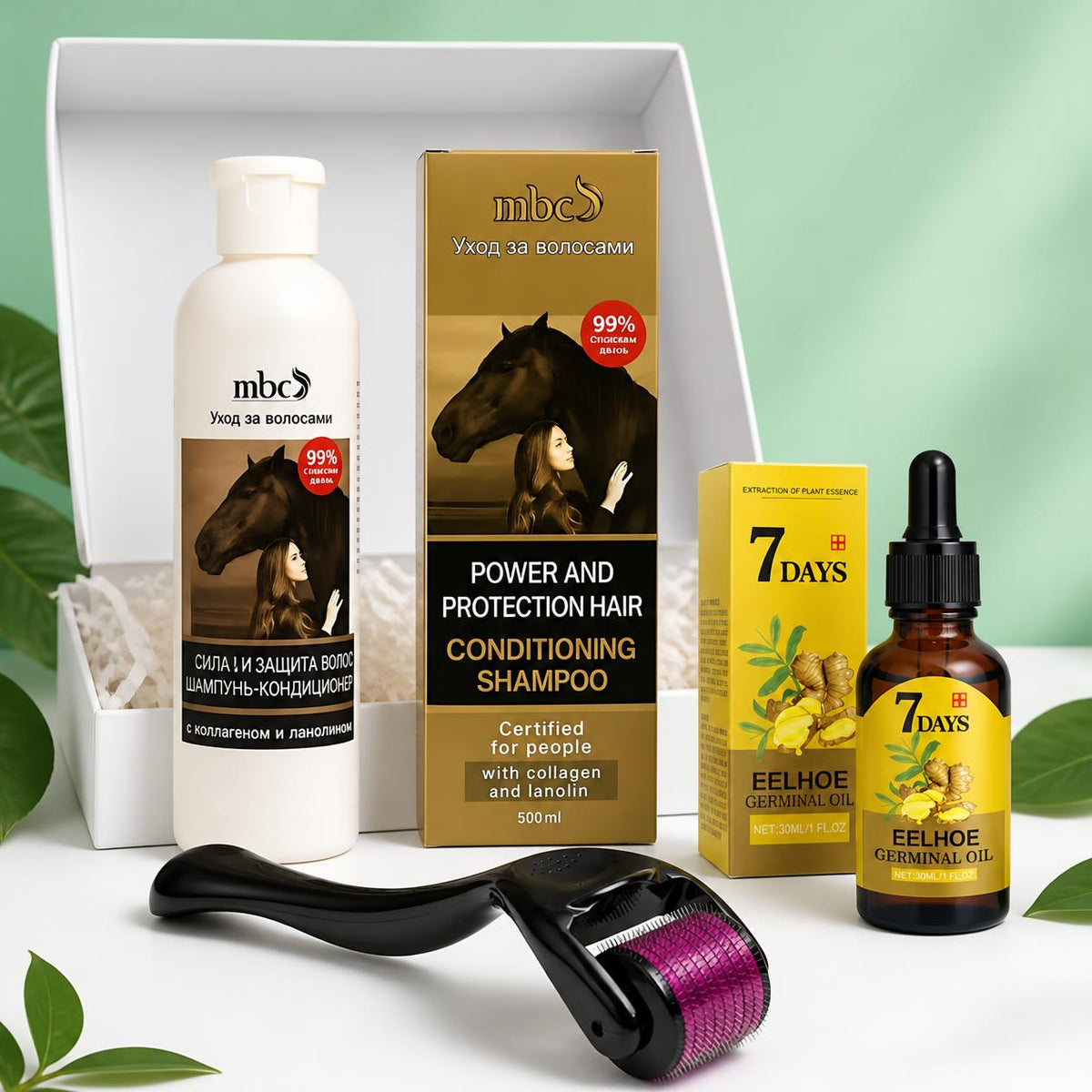 Paket za negu kose: konjski šampon, derma roler, serum i vodič za 30 dana